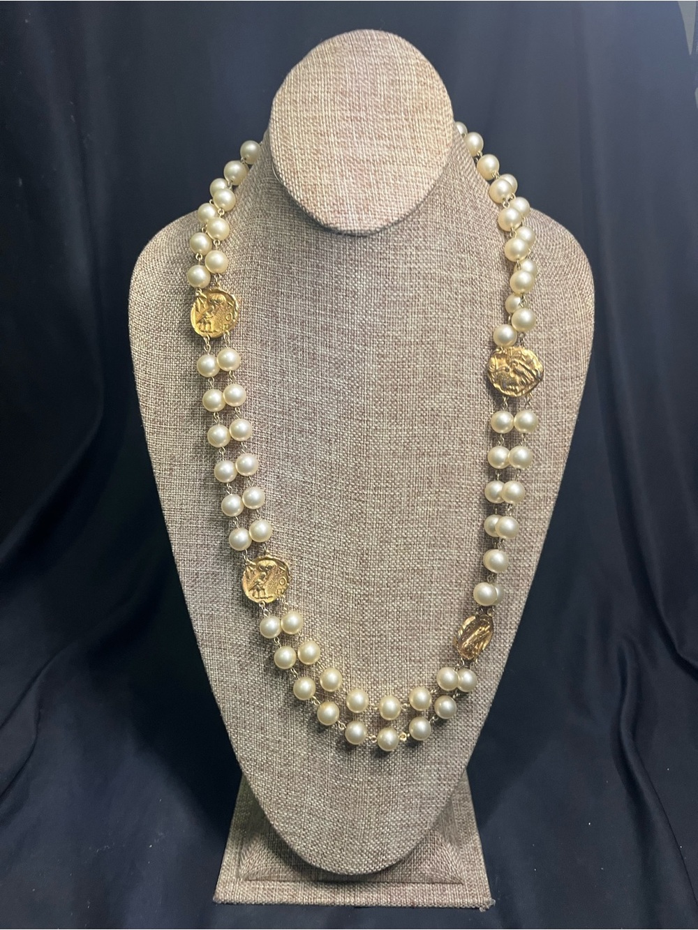 Vintage 70s Marvella Faux Pearl Greek Coin Necklace Athenian Owl Double Strand